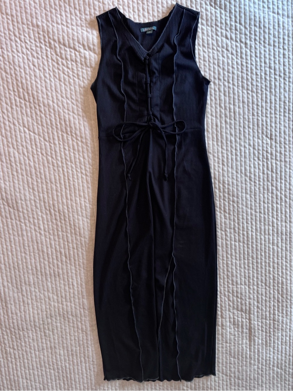 wild fable Black Ribbed Midi Dress with Front Tie